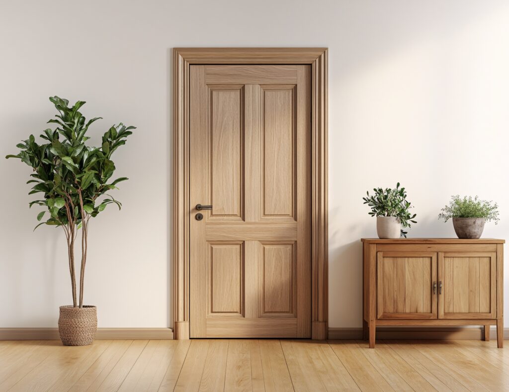 A room with beige walls, a light brown interior door, and several indoor plants.