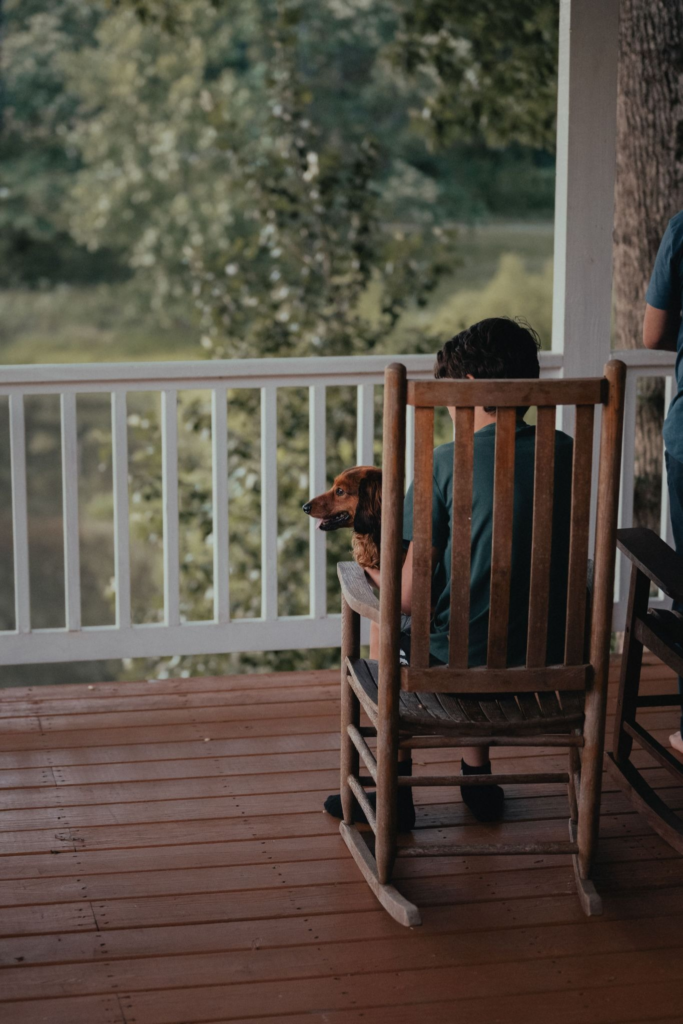 Boy and dog in rocking chair